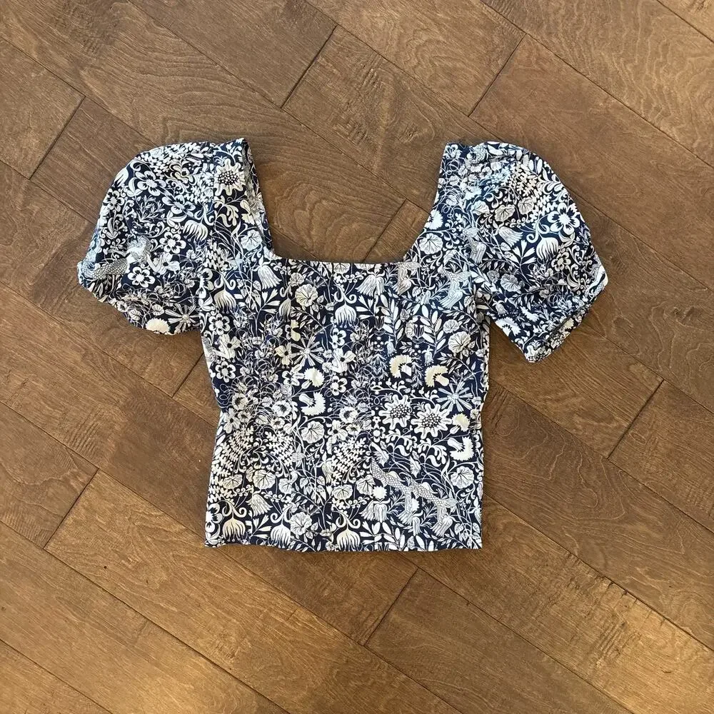 J Crew Top Womens 0 Puff Sleeve Navy White Toile Poplin Mermaid Floral